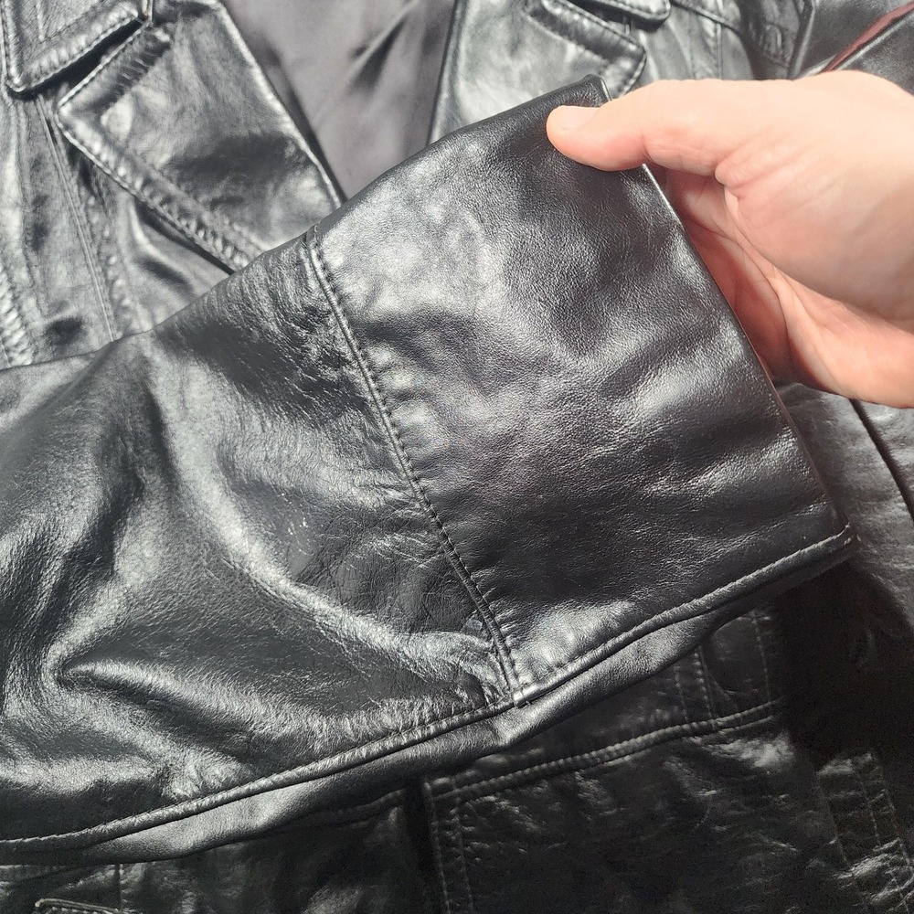 VINTAGE Reed Sportswear Coat Mens XL Black Leather Overcoat Pockets Midlength - Picture 9 of 15